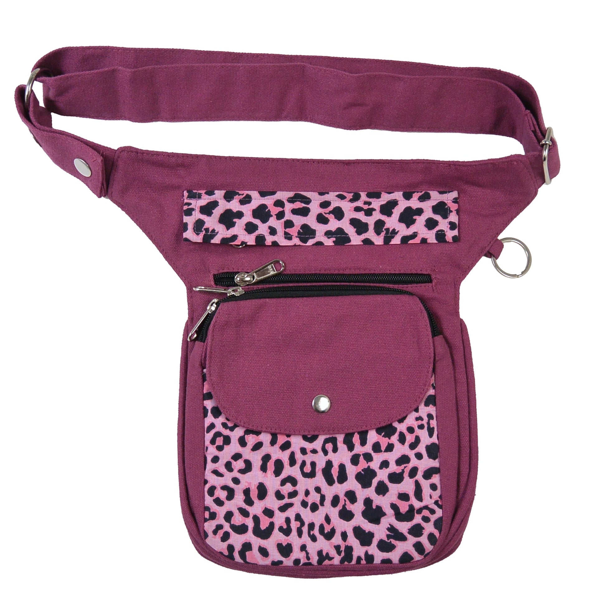 Vorderansicht der Gassi-Tasche Super-Hannover in Pink mit auffälligem Leopardenmuster und mehreren Reißverschlüssen