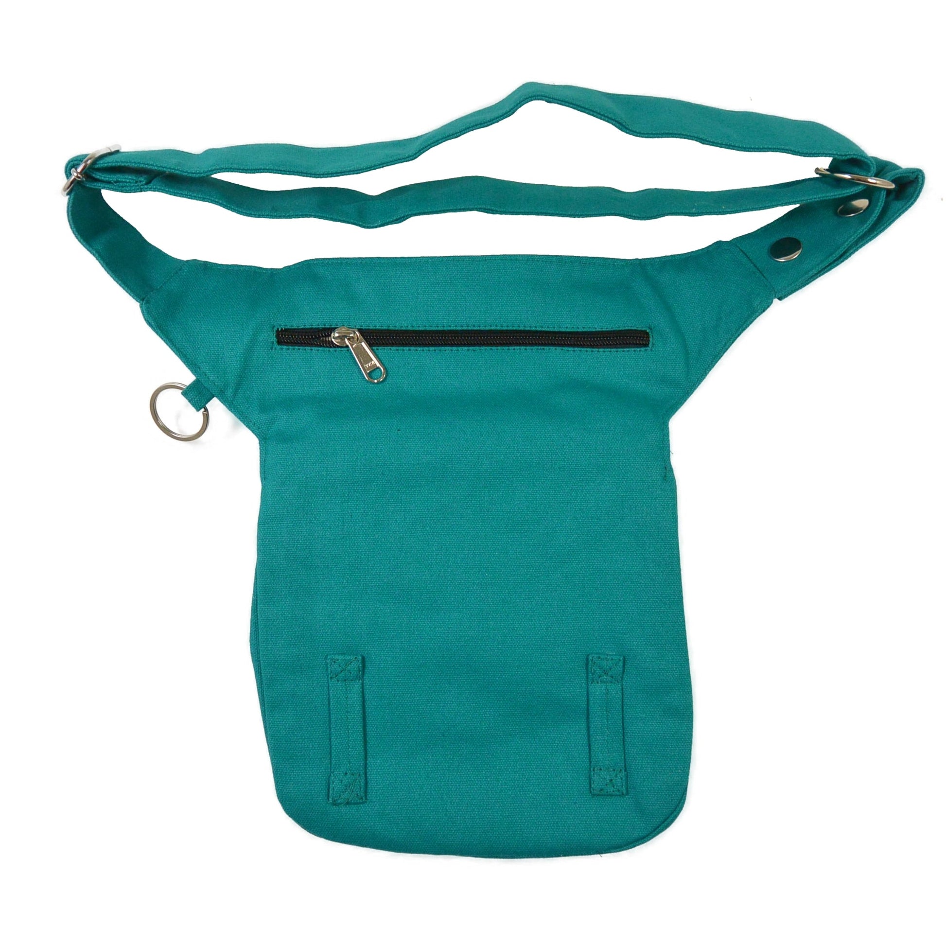 Rückansicht der Gassi-Tasche mit Reißverschluss und verstellbarem Gurt aus Baumwoll-Canvas in Seegrün