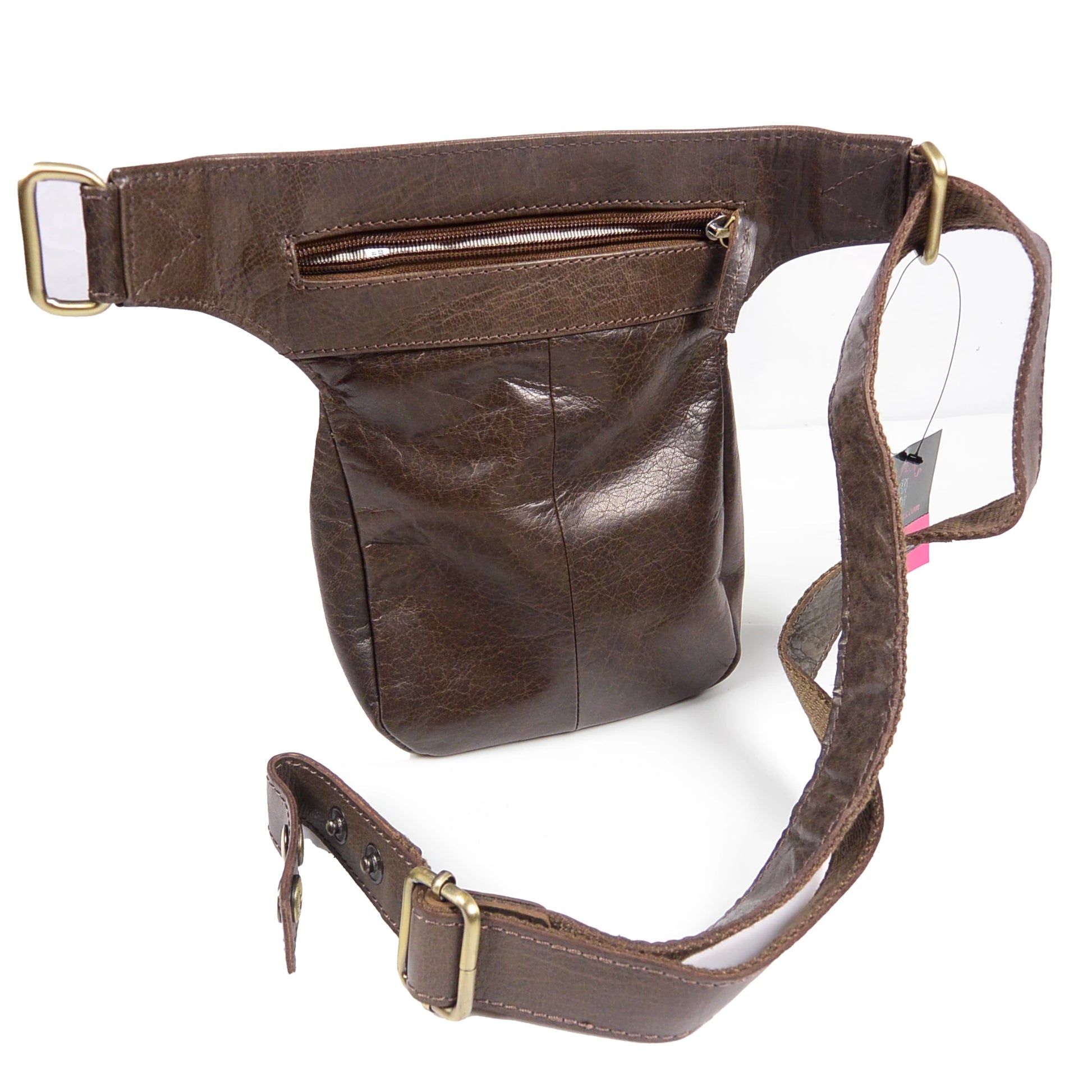 Nijens Hannover Gassi-Tasche aus braunem Echtleder mit Pfotenmotiv und abnehmbarem verstellbarem Gürtel. Rückansicht