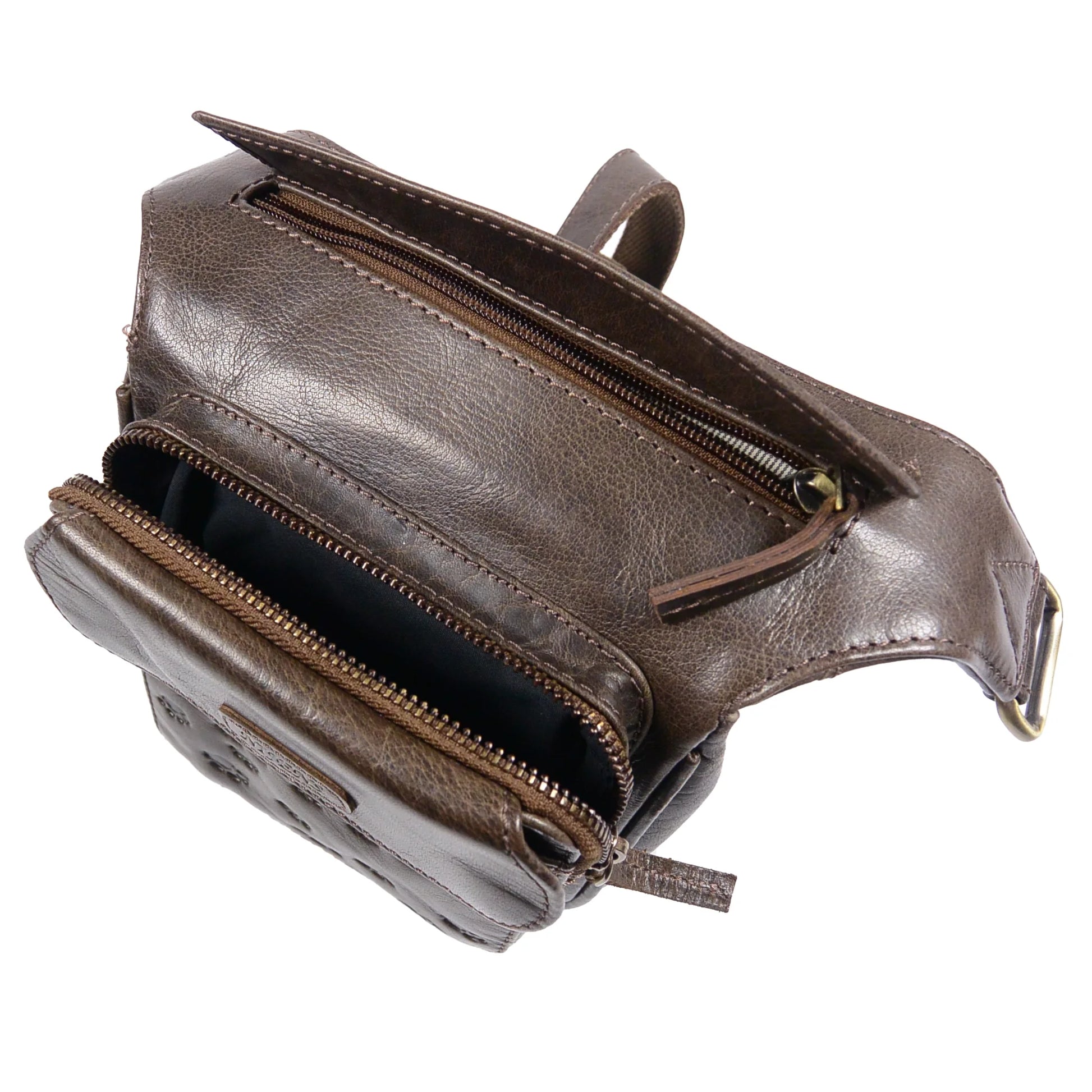 Nijens Hannover Gassi-Tasche aus braunem Echtleder mit Pfotenmotiv und abnehmbarem verstellbarem Gürtel. Innenansicht