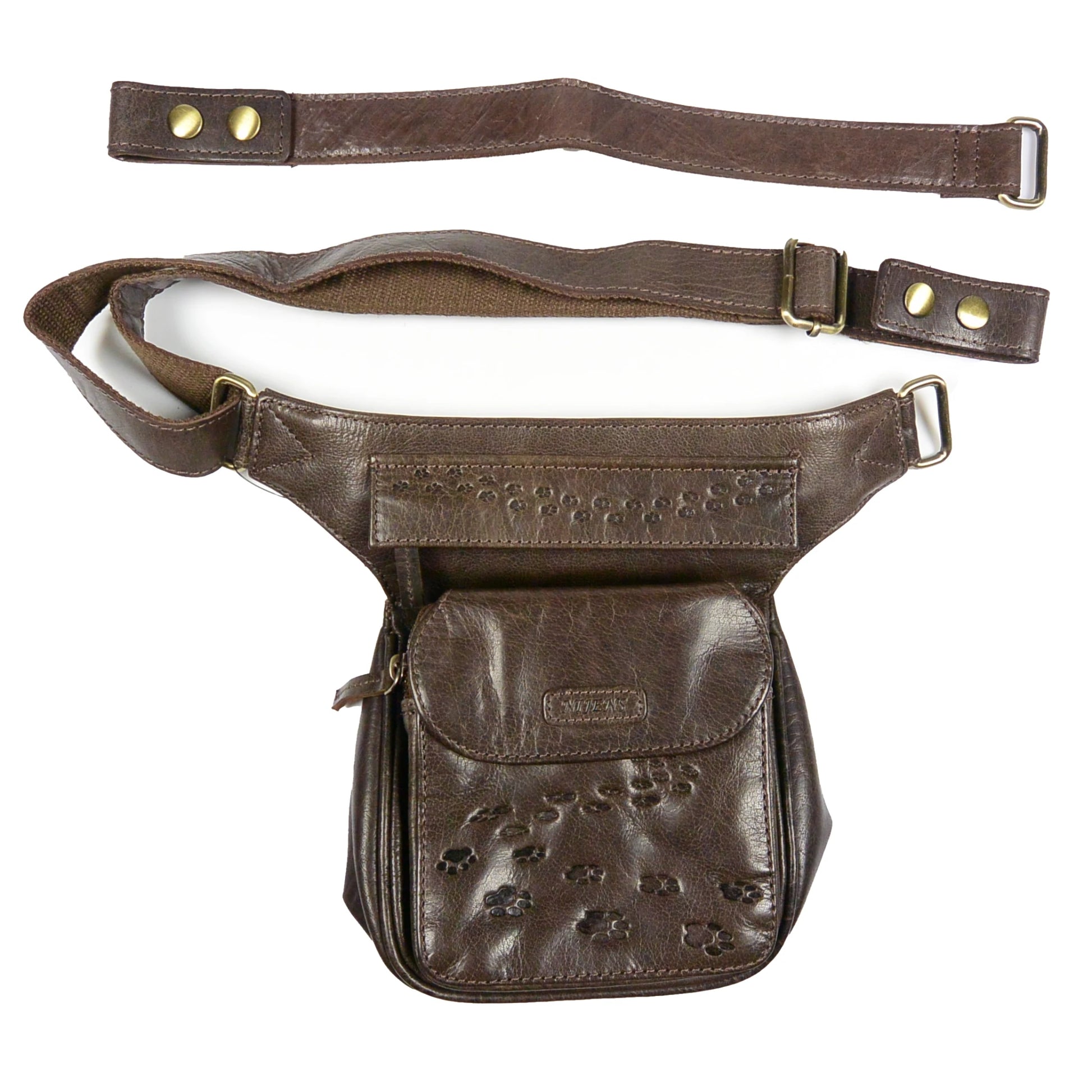 Nijens Hannover Gassi-Tasche aus braunem Echtleder mit Pfotenmotiv und abnehmbarem verstellbarem Gürtel