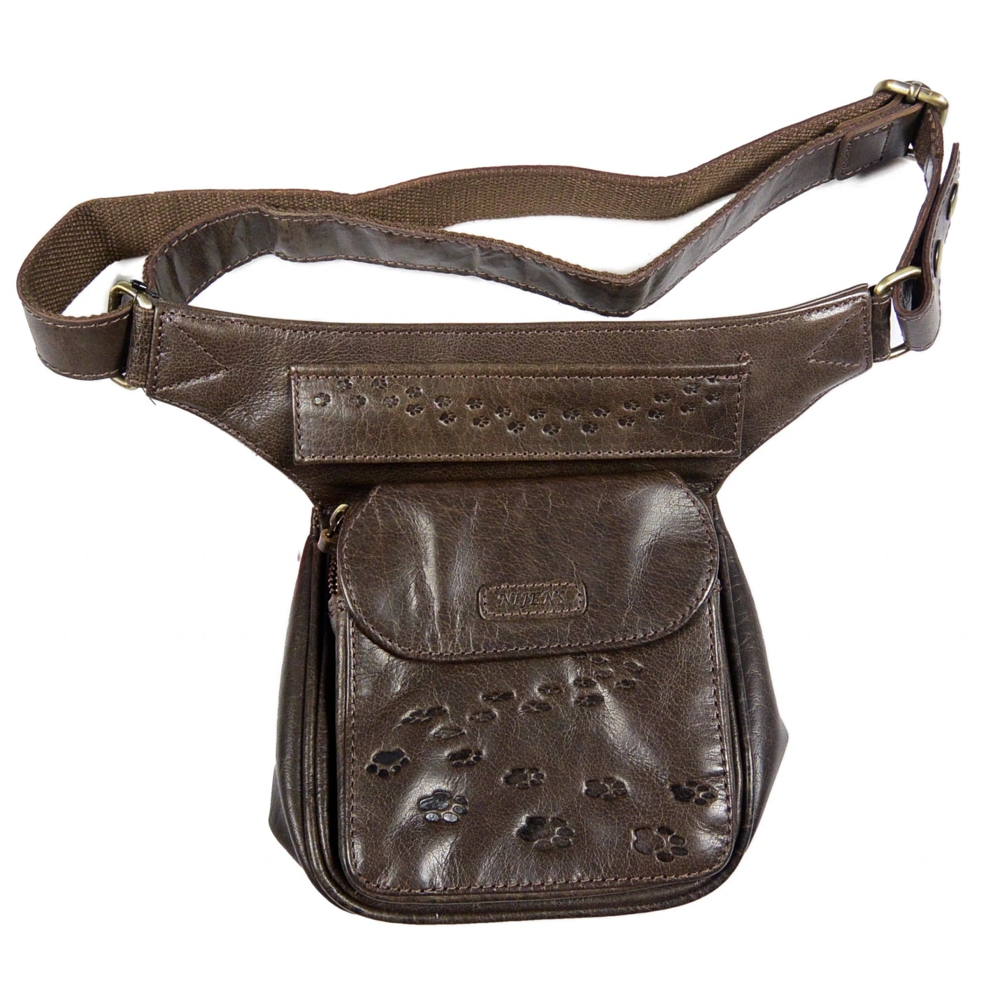 Nijens Gassi-Tasche aus braunem Echtleder mit Pfotenmotiv und abnehmbarem verstellbarem Gürtel