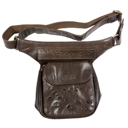 Nijens Gassi-Tasche aus braunem Echtleder mit Pfotenmotiv und abnehmbarem verstellbarem Gürtel