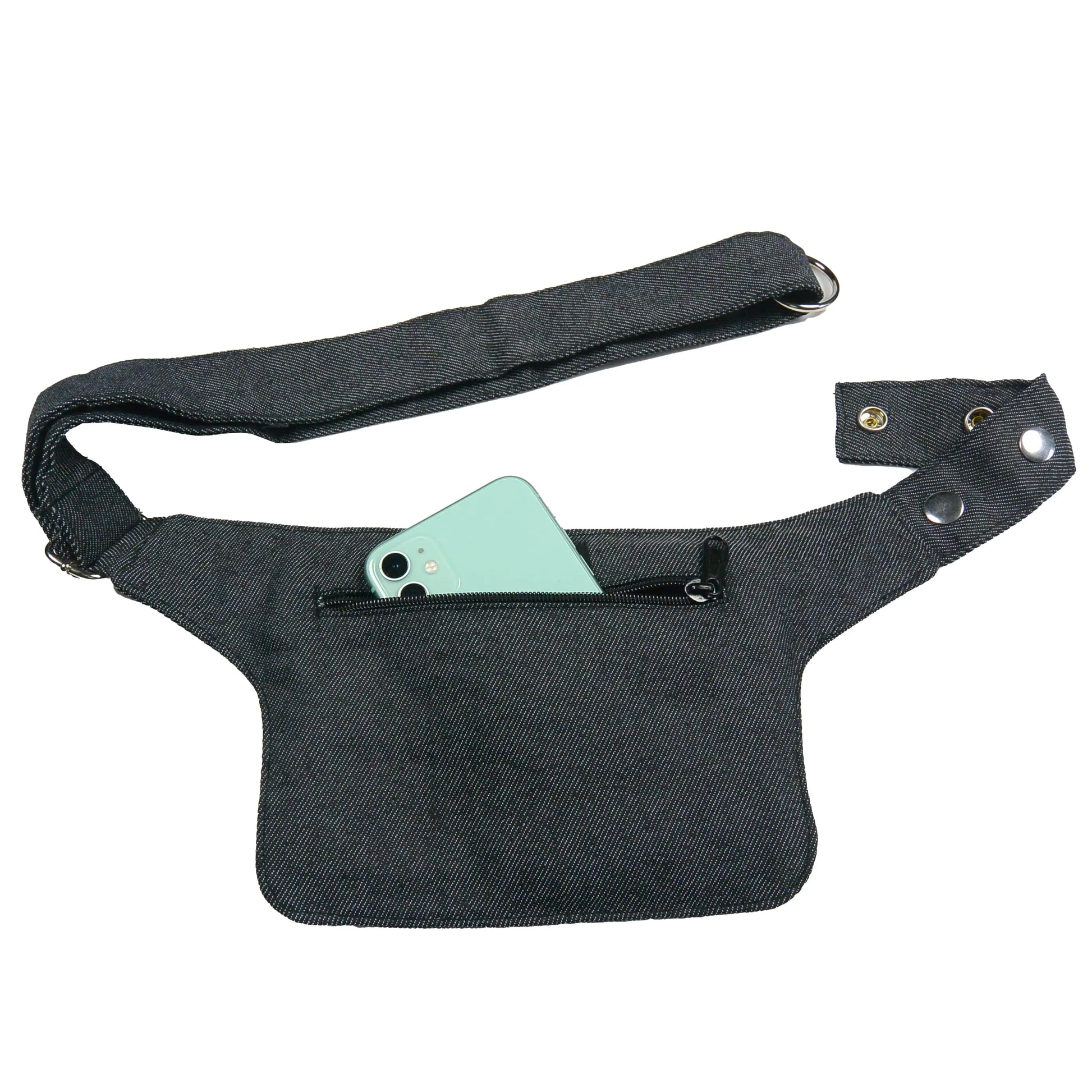 Rückansicht: Bauchtasche, Hüfttache aus dunkelgrauem Jeansstoff.  