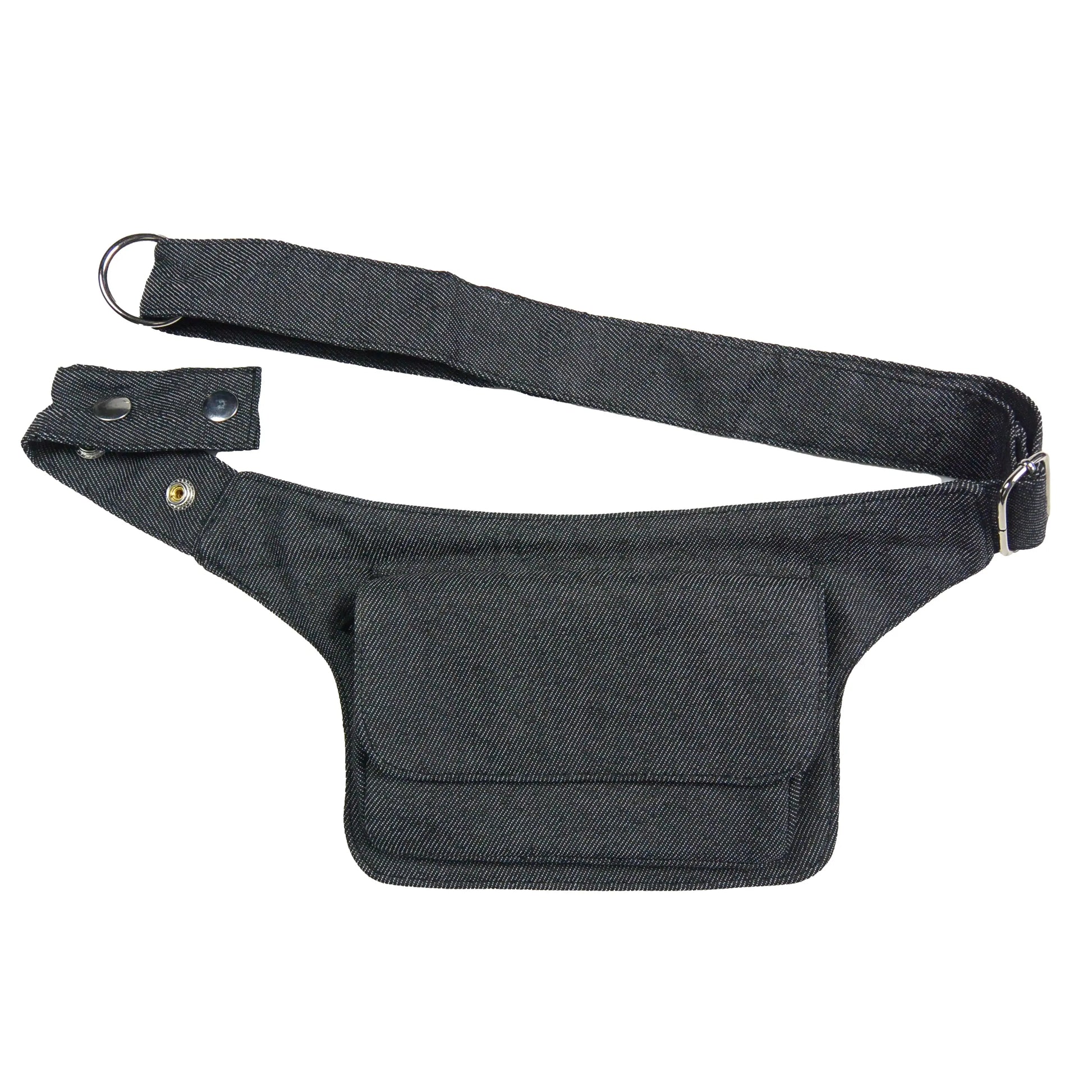 Bauchtasche, Hüfttache aus grauem Jeansstoff.  Sie besitzt zwei Reißverschlussfächer und einem Einsteckfach vorne.