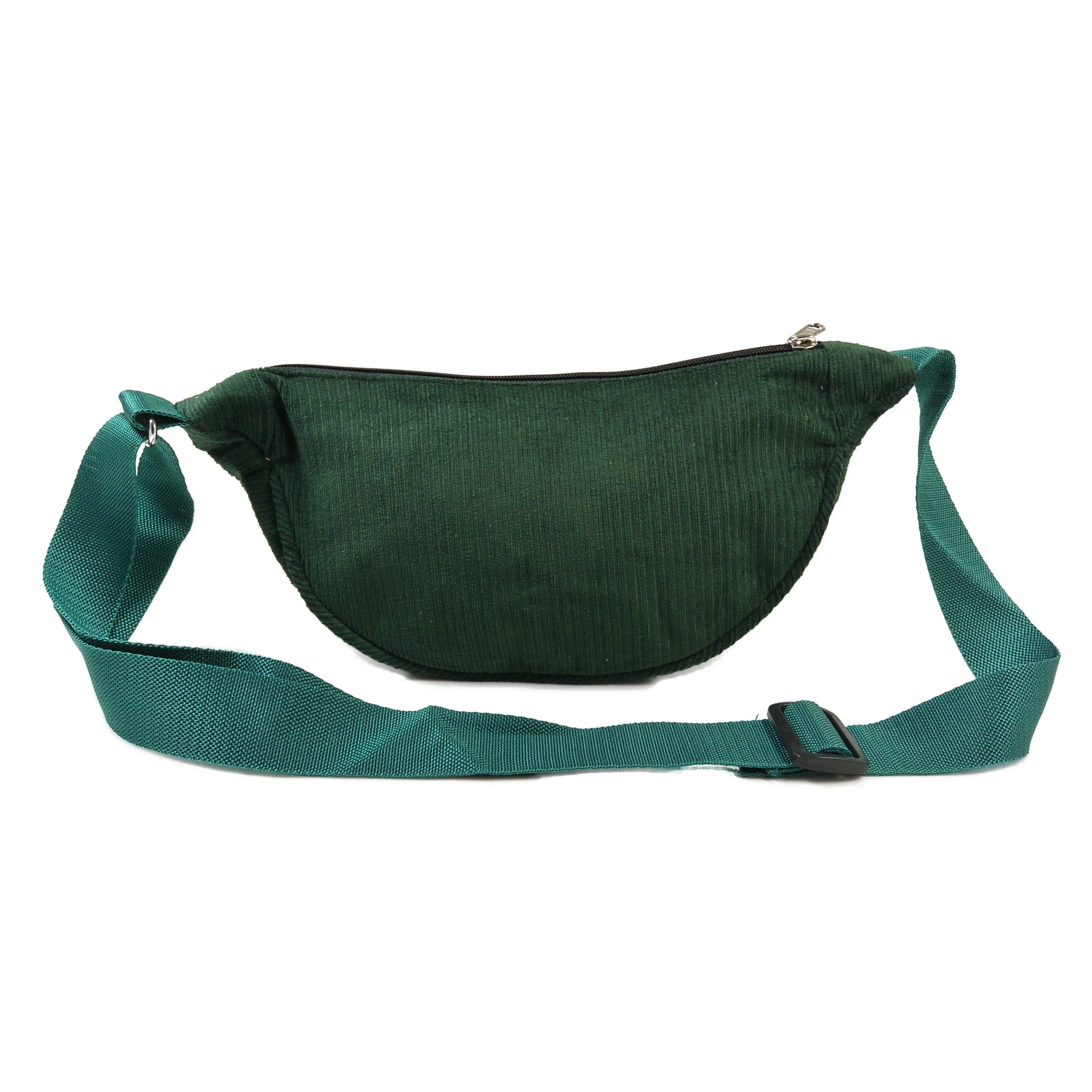 Kleine Crossbody-Bag, Umhängetasche aus Cordsamt, Halbmondform in Dunkelgrün.