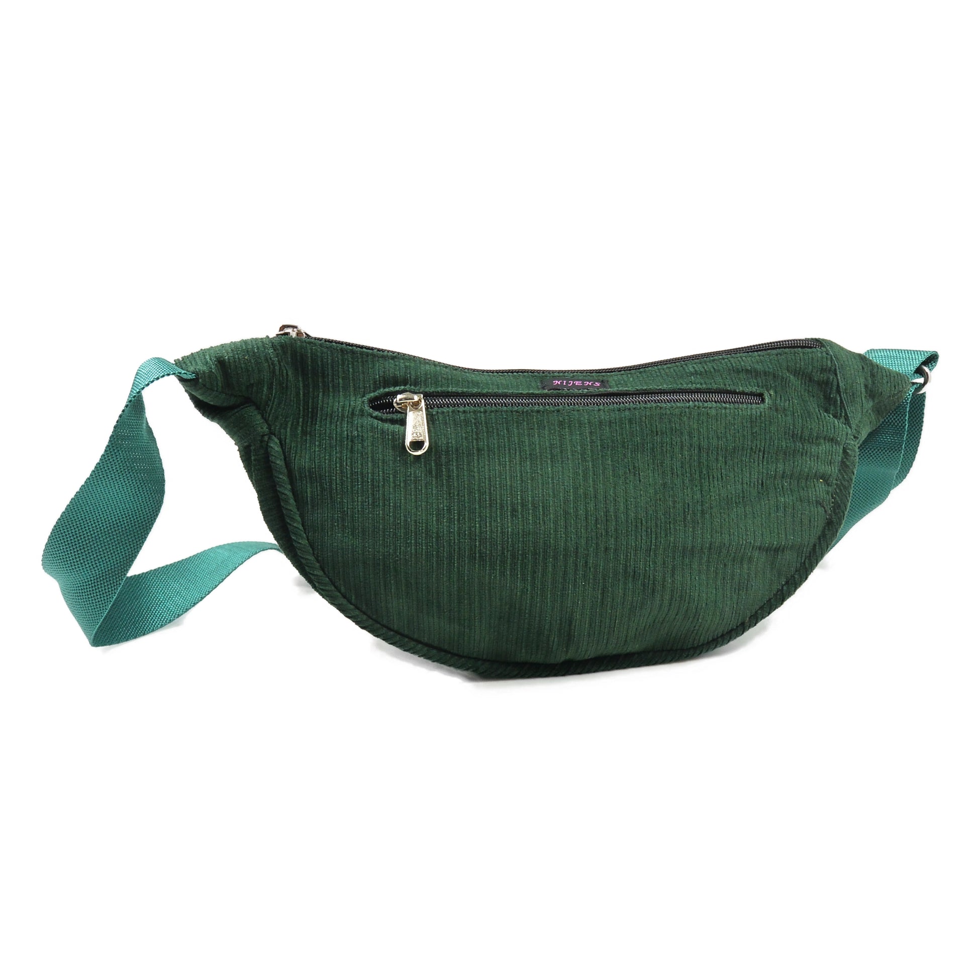 Crossbody-Bag, kleine Umhängetasche aus Cord samt, in Tannengrün. Hauptfach und Seitenfach außen sind mit einem Reißverschluss verschließbar.