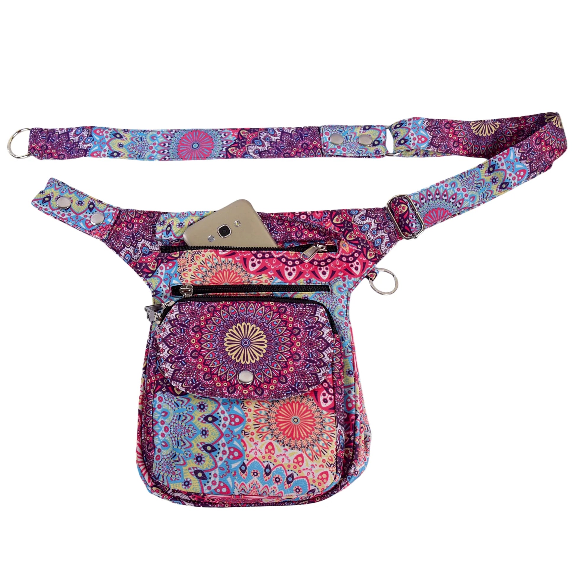 Vorderansicht der Tasche im bunten Mandala-Design mit Smartphone im oberen Fach und Verlängerungsgurt - Super-Hannover 505 Nijens