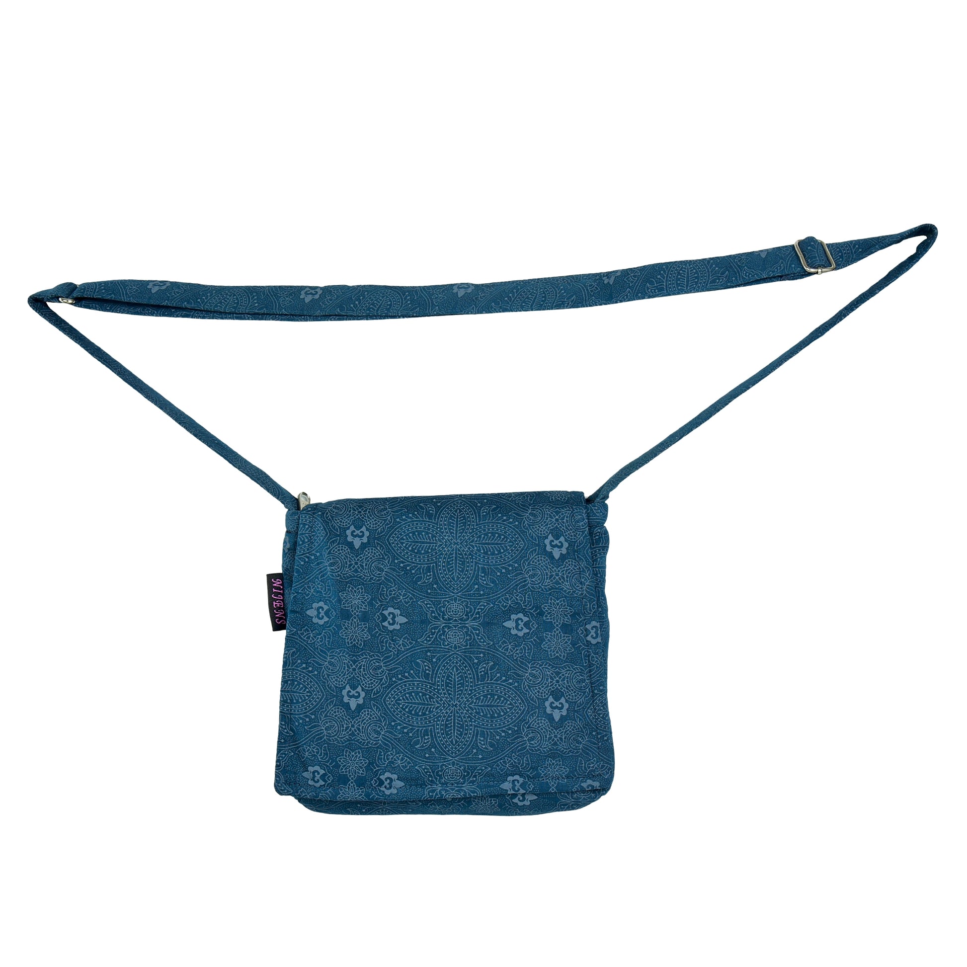 Kleine Tasche, Umhängetasche aus Baumwolle, Petrol mit floralen Ornamenten. Tragegurt ist stufenlos verstellbar.