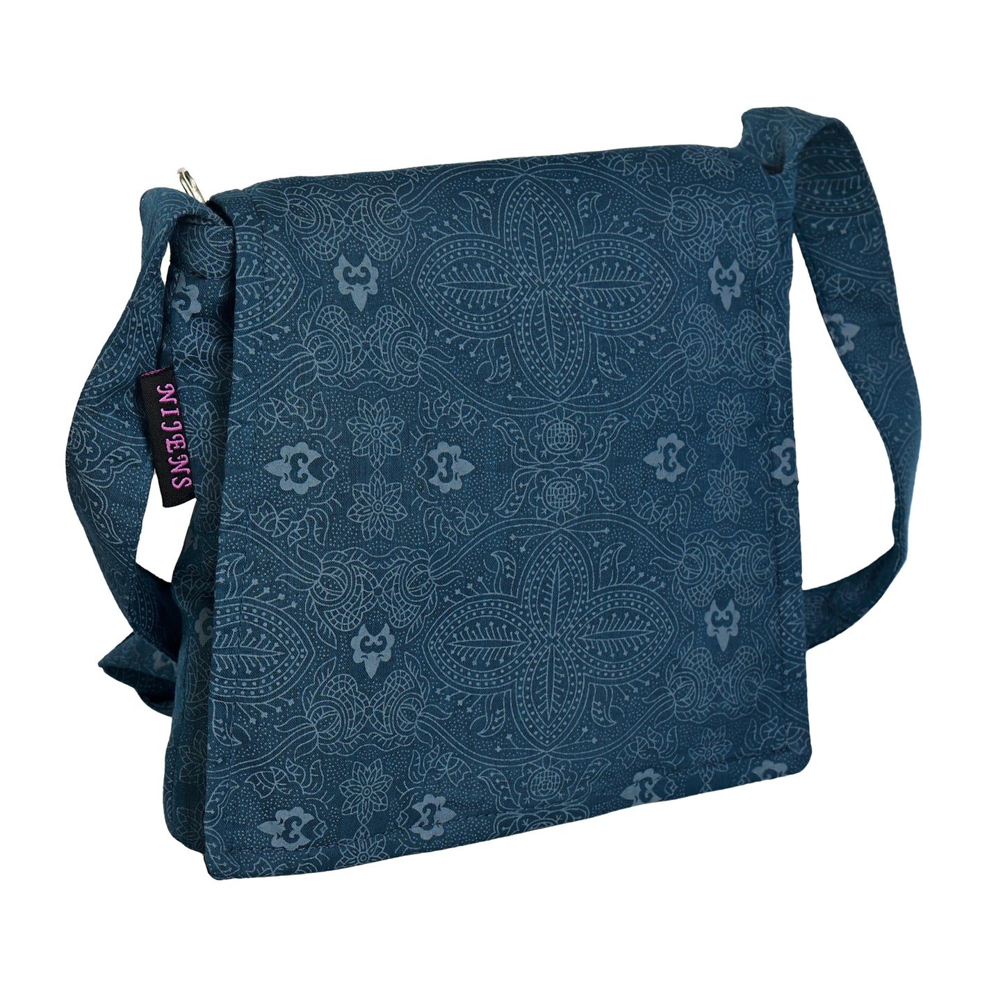 Kleine Tasche, Umhängetasche aus Baumwolle, Petrol mit floralen Ornamenten. Ein Hauptfach mit Einsteckfach und jeweils ein Reißverschlussfach vorne und hinten.