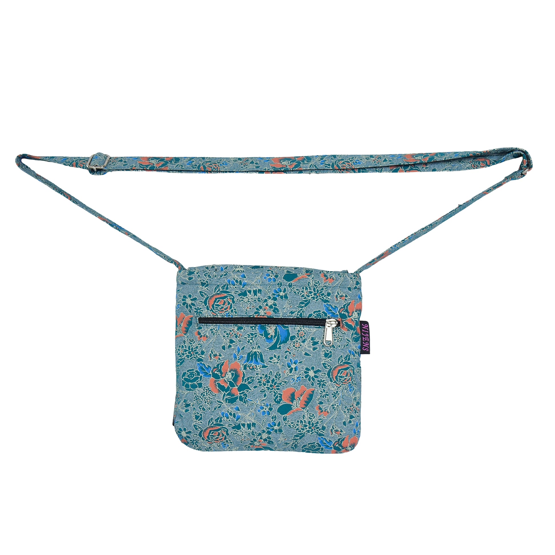 Hinteransicht: Kleine Tasche, Umhängetasche aus Baumwolle, Türkis, Blau mit Blattmuster mit Reißverschlussfach auf der hinteren Seite.