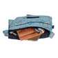 Innenansicht: Kleine Tasche, Umhängetasche aus Baumwolle, Grün, Türkis, Blau mit Blumenmuster. Tragegurt ist stufenlos verstellbar.
