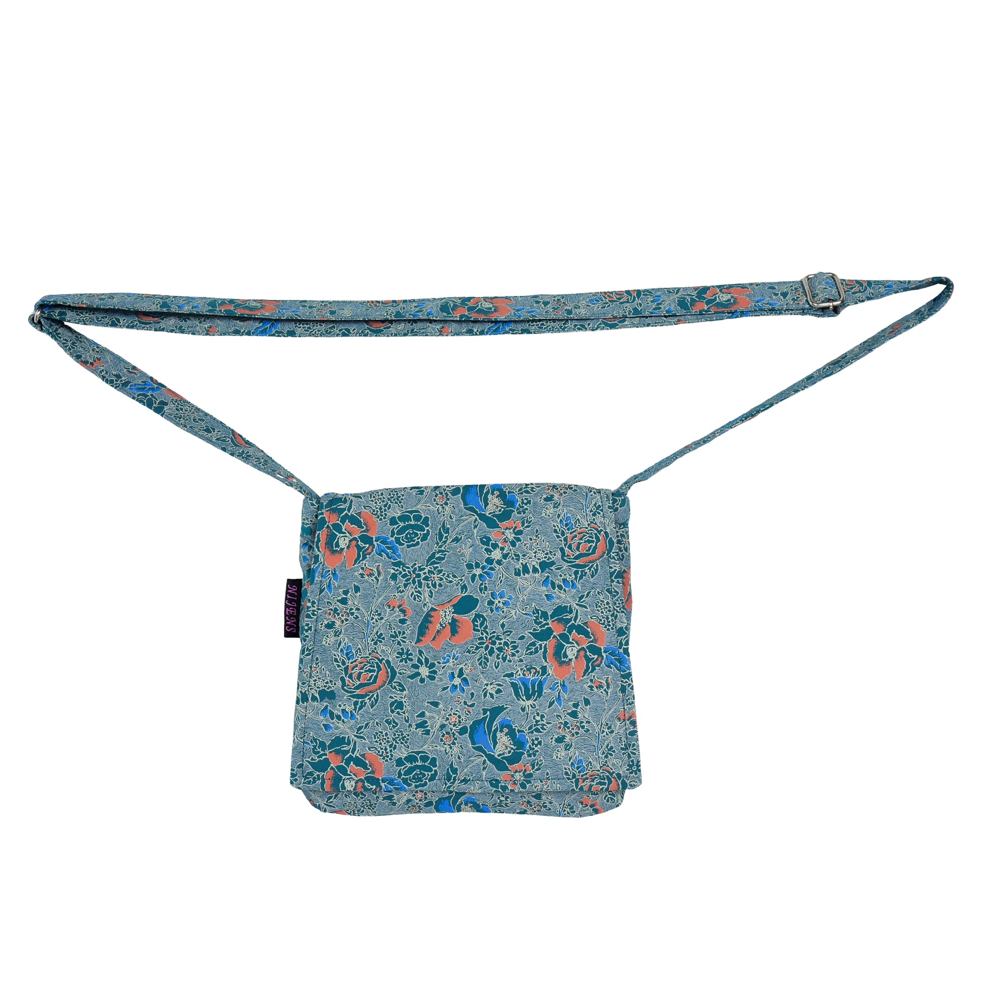 Kleine Tasche, Umhängetasche aus Baumwolle, Grün, Türkis, Blau mit Blumenmuster. Tragegurt ist stufenlos verstellbar. Frontansicht.