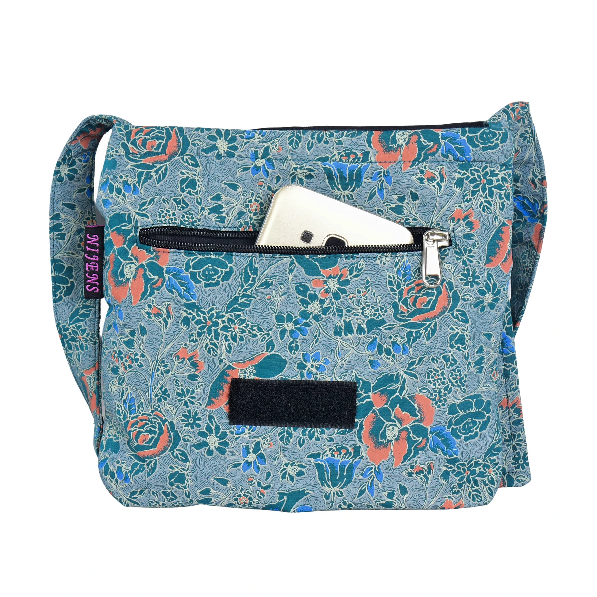 Kleine Tasche, Umhängetasche aus Baumwolle, Grün, Türkis, Blau mit Blumenmuster. Handyfach.