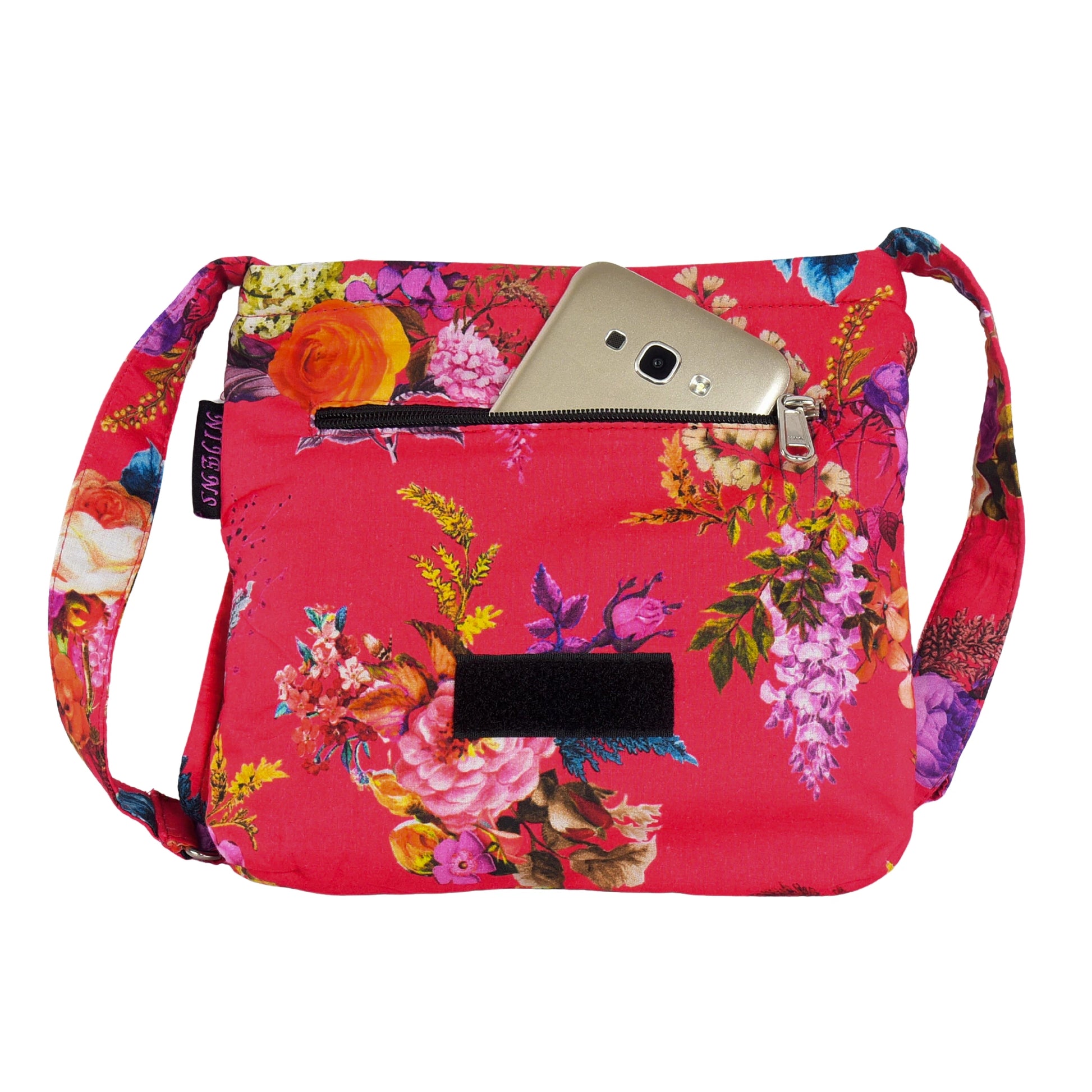 Kleine Tasche – Umhängetasche aus Baumwolle, rot mit Rosenmotiv. Ein Hauptfach mit Einsteckfach und jeweils ein Reißverschlussfach vorne und hinten. Handyfach.