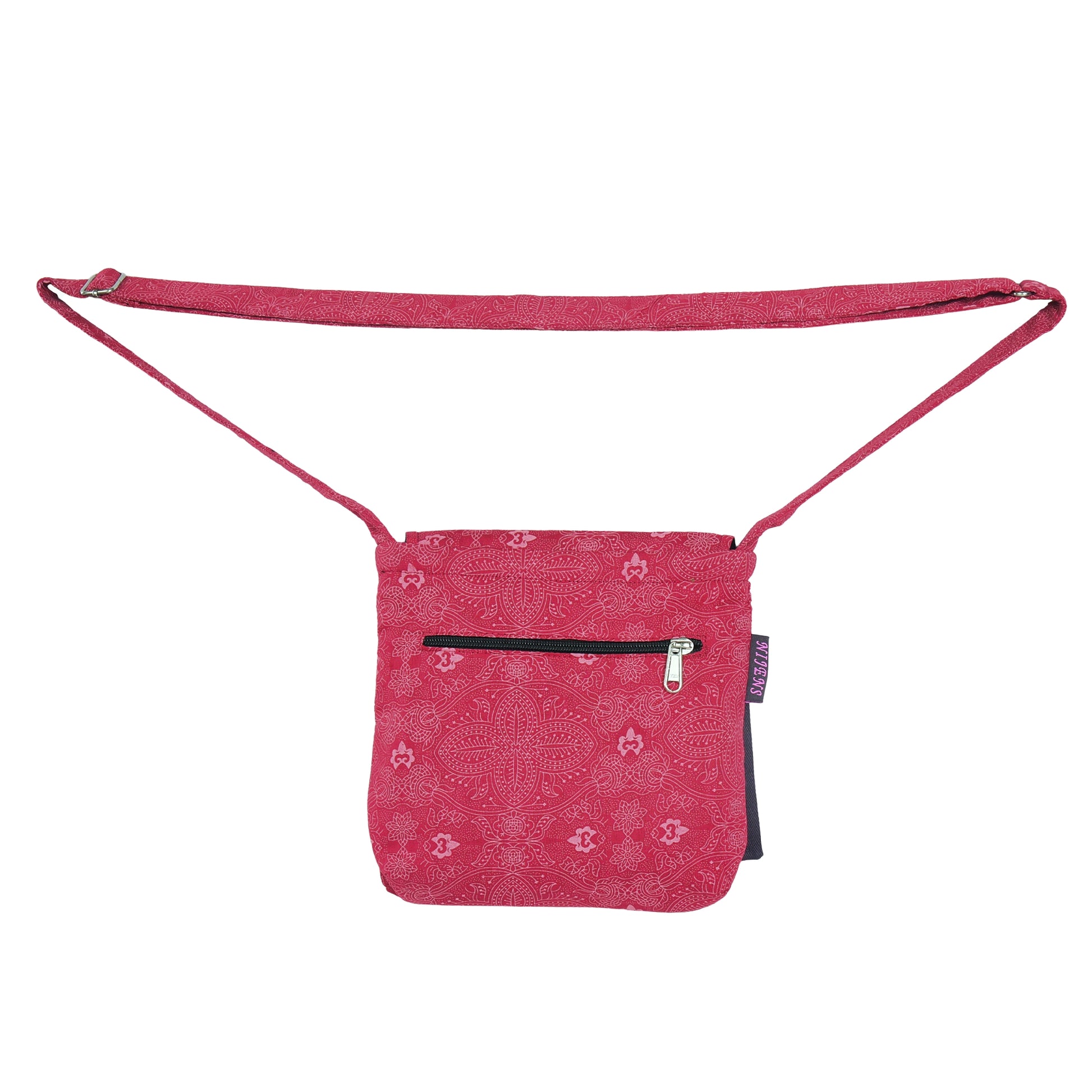 Kleine Nijens Tasche – Umhängetasche aus Baumwolle, rot mit weißem Motiv. Ein Reißverschlussfach vorne und hinten.