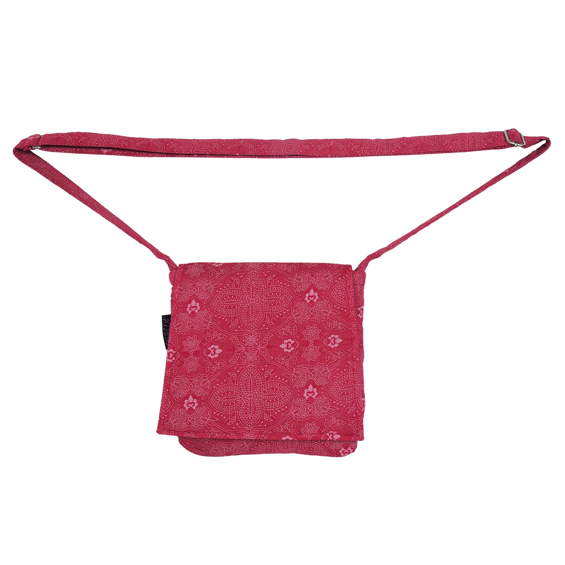 Kleine Tasche – Nijens Umhängetasche aus Baumwolle, rot mit weißem Motiv. Frontansicht.