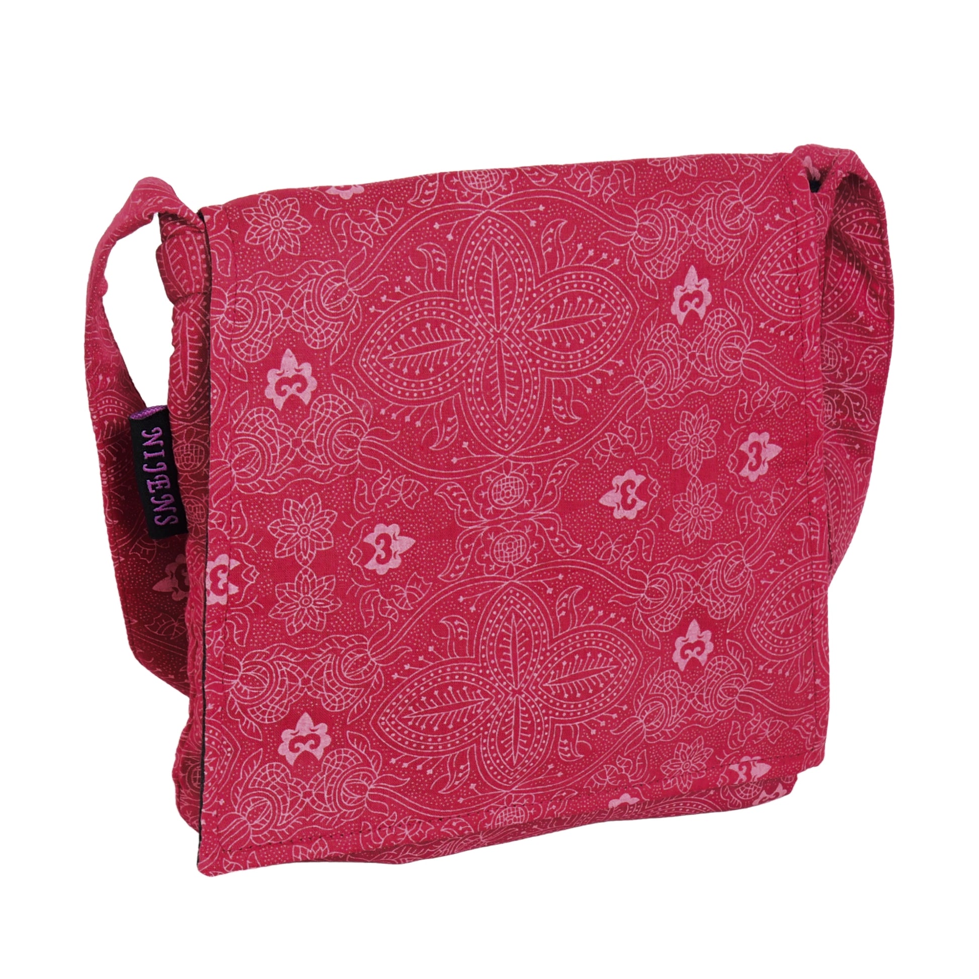 Kleine Tasche – Umhängetasche aus Baumwolle, rot mit weißem Motiv. Ein Hauptfach mit Einsteckfach und jeweils ein Reißverschlussfach vorne und hinten.