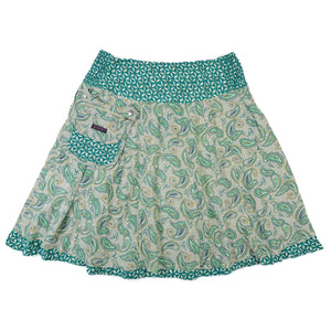 Ansicht Seite 1 von Petrolfarbener Wenderock aus Rayon mit Paisley & Blüten, Tasche abnehmbar.
