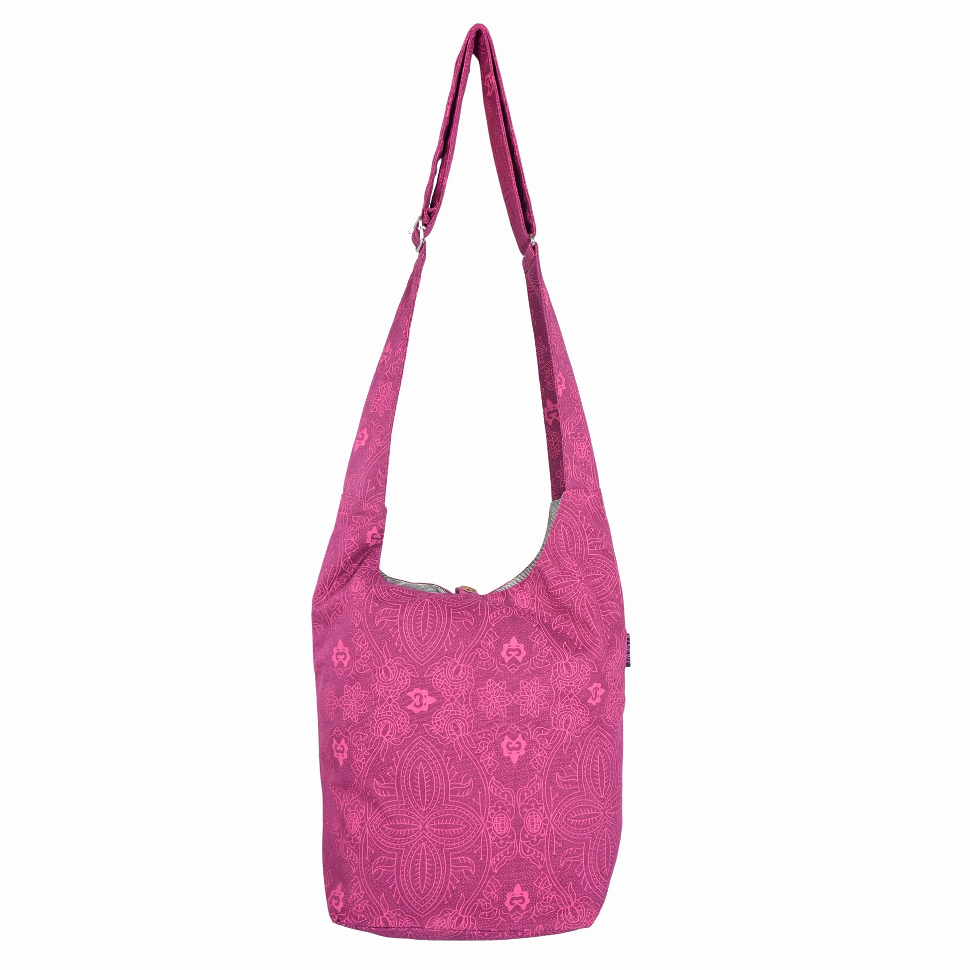 Rückansicht des Nijens Small Shoppers in Pink mit floralem Ethno-Muster und verstellbarem Schultergurt