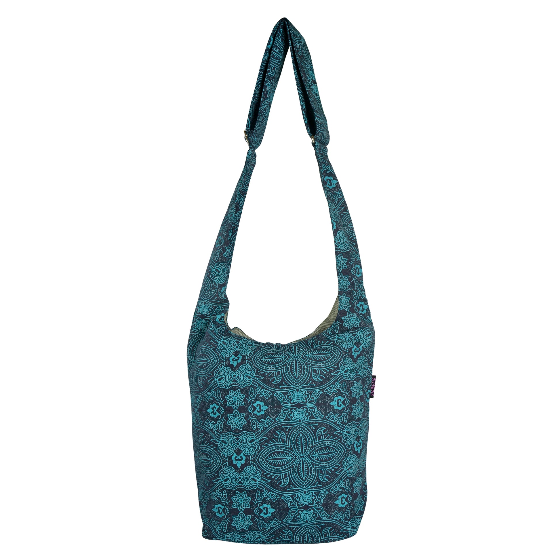 Rückansicht des Nijens Small Shoppers in Blau-Türkis mit floralem Ethno-Muster und verstellbarem Schultergurt