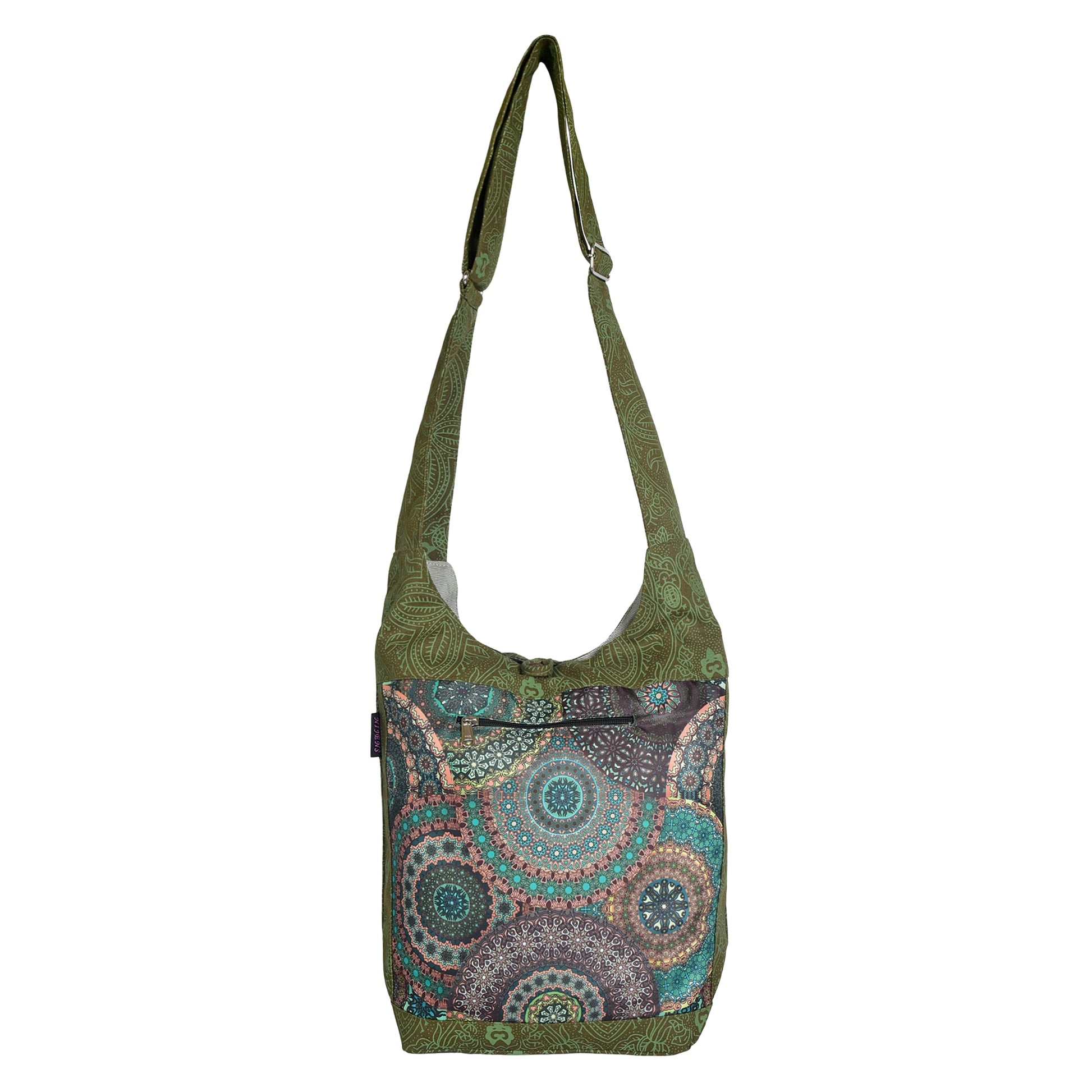 Nijens Small Shopper in Grün-Braun mit farbenfrohem Mandala-Muster, Reißverschlussfach und verstellbarem Schultergurt