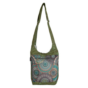Nijens Small Shopper in Grün-Braun mit farbenfrohem Mandala-Muster, Reißverschlussfach und verstellbarem Schultergurt