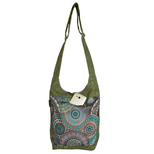 Nijens Small Shopper in Grün-Braun mit farbenfrohem Mandala-Muster, Handyfach und verstellbarem Schultergurt