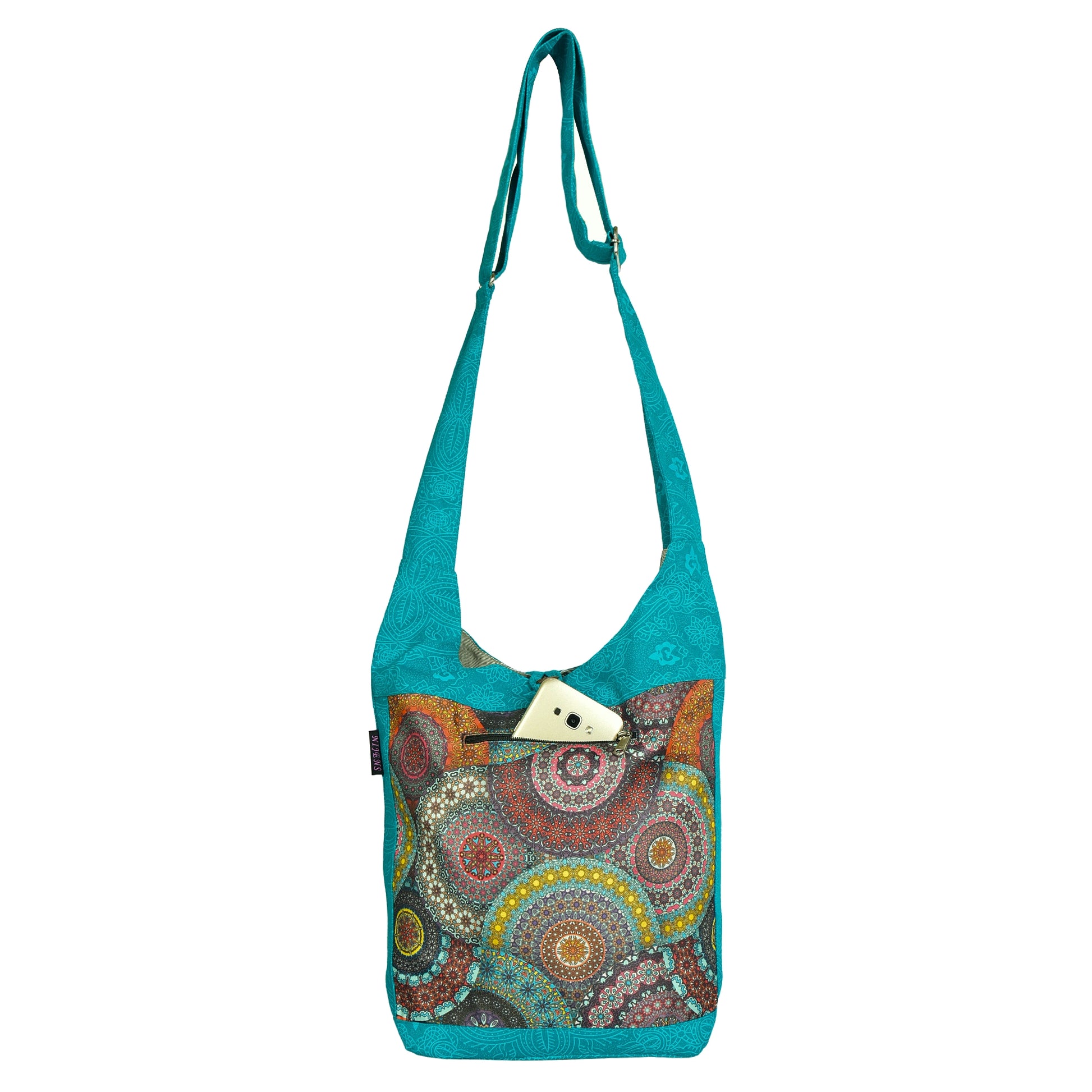 Nijens Small Shopper in Türkis mit buntem Mandala-Muster, Handyfach vorne und verstellbarem Schultergurt
