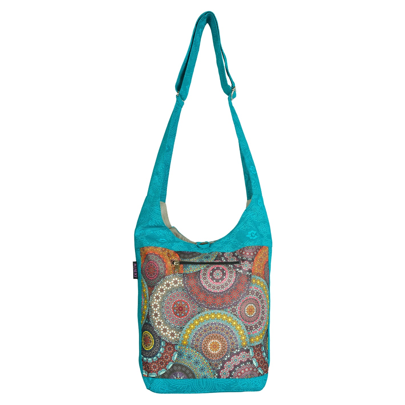 Nijens Small Shopper in Türkis mit buntem Mandala-Muster, Reißverschlussfach vorne und verstellbarem Schultergurt
