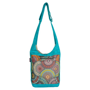 Nijens Small Shopper in Türkis mit buntem Mandala-Muster, Reißverschlussfach vorne und verstellbarem Schultergurt