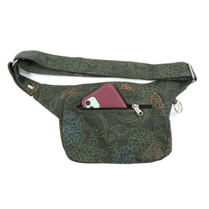 Gassi-Tasche Frankfurt in Dunkelgrün mit floralem Muster – Canvas Handy-Hüfttasche für Hundespaziergänge