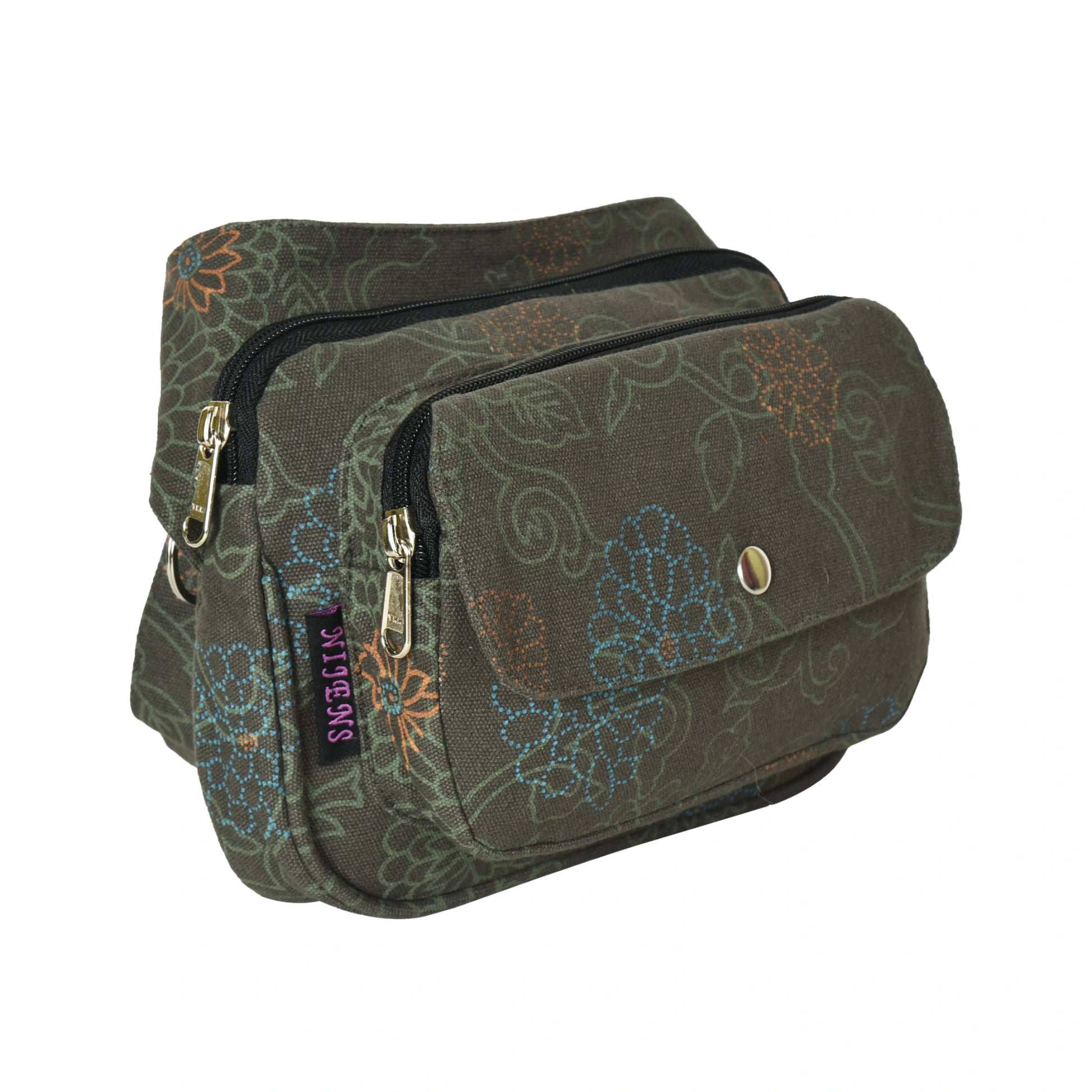 Gassi-Tasche Frankfurt in Dunkelgrün mit floralem Muster – Canvas Hüfttasche für Hundespaziergänge. Seitenansicht.
