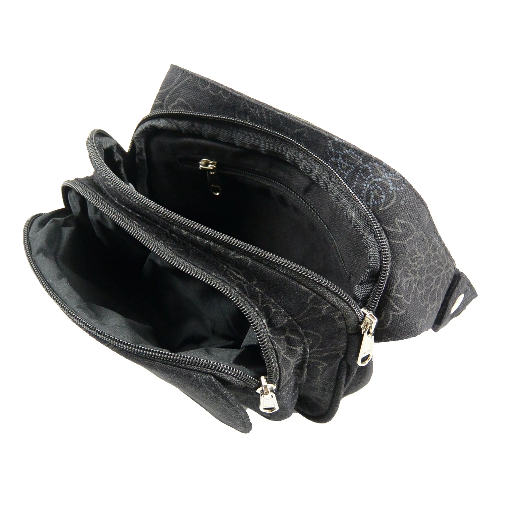 Schwarze Gassi-Tasche Frankfurt mit floralem Muster – Hüfttasche mit mehreren praktischen Fächern. Innenansicht.