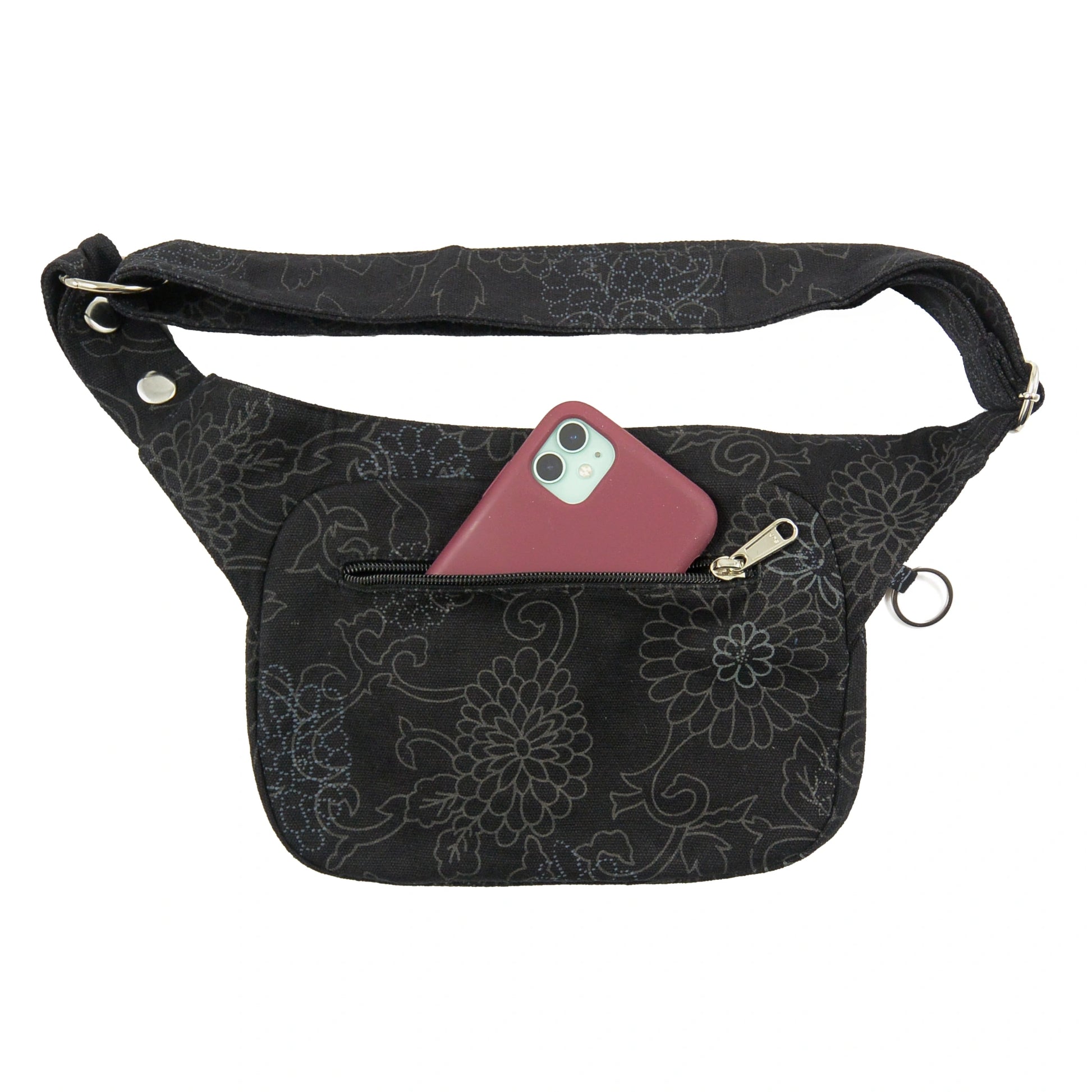 Schwarze Gassi-Tasche Frankfurt mit floralem Muster – Hüfttasche mit mehreren praktischen Fächern. Rückseite.