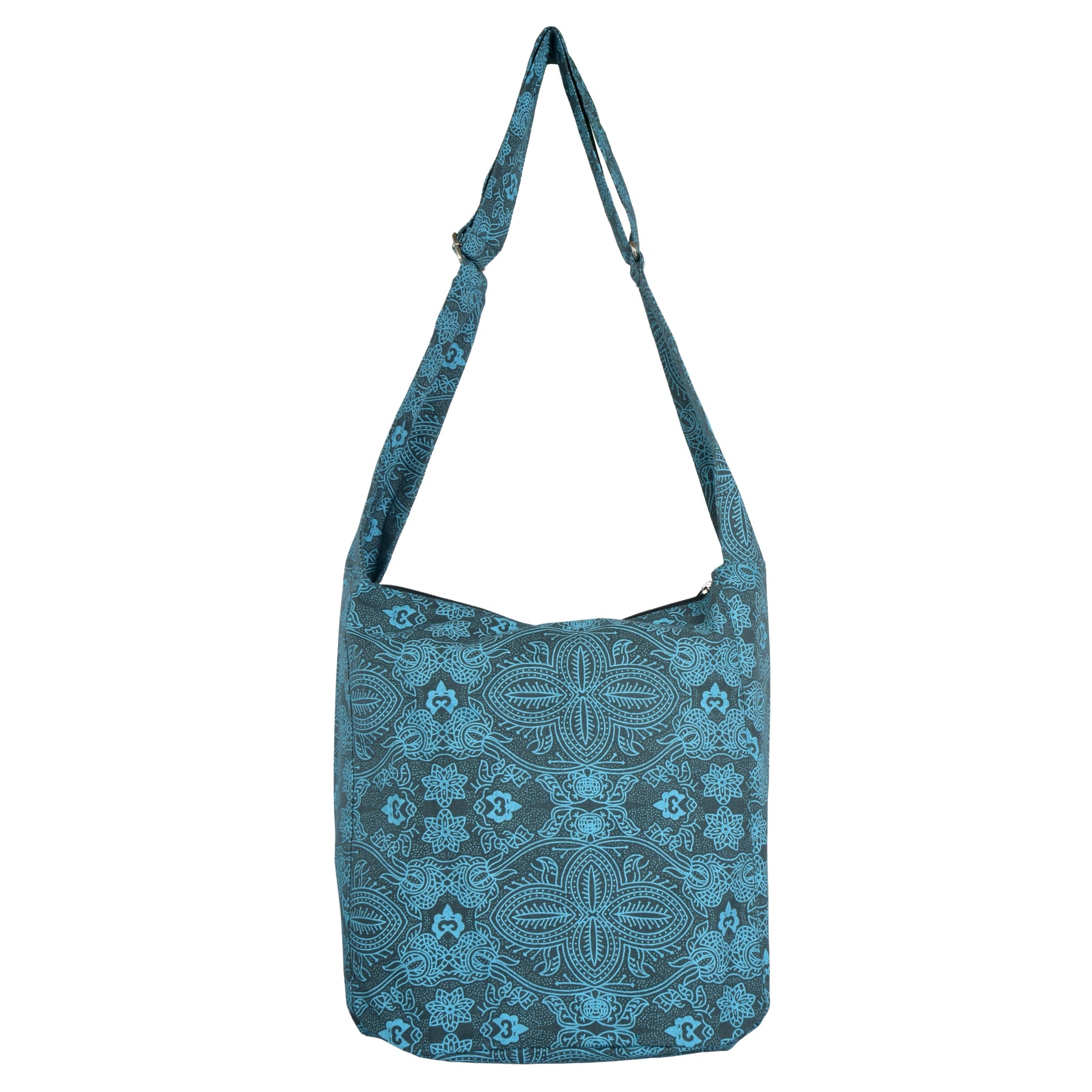 Bunter Nijens Big Shopper aus Canvas mit auffälligem Paisley-Muster in Türkis, verstellbarer Schultergurt. Rückansicht.