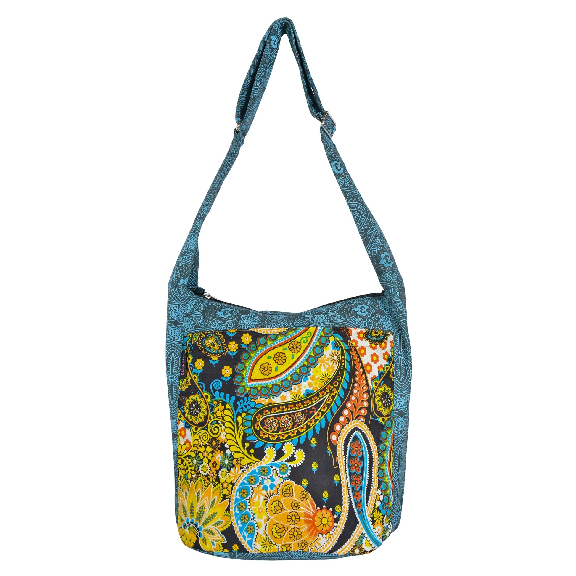 Bunter Nijens Big Shopper aus Canvas mit auffälligem Paisley-Muster in Gelb, Türkis und Orange, verstellbarer Schultergurt.