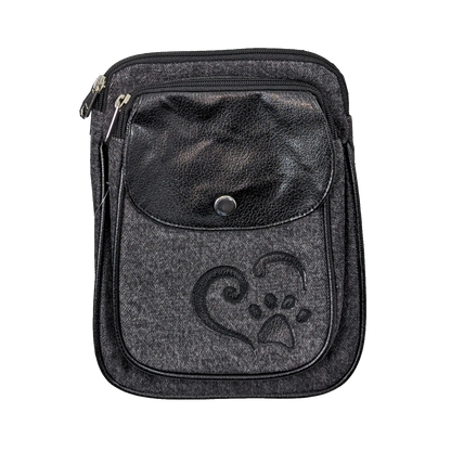 große Beuteltasche Gassi-Tasche Stoff Grau-Schwarz mit Pfote und Herz aus Kunstleder