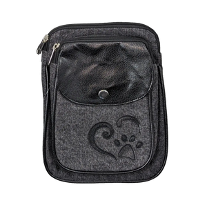 große Beuteltasche Gassi-Tasche Stoff Grau-Schwarz mit Pfote und Herz aus Kunstleder