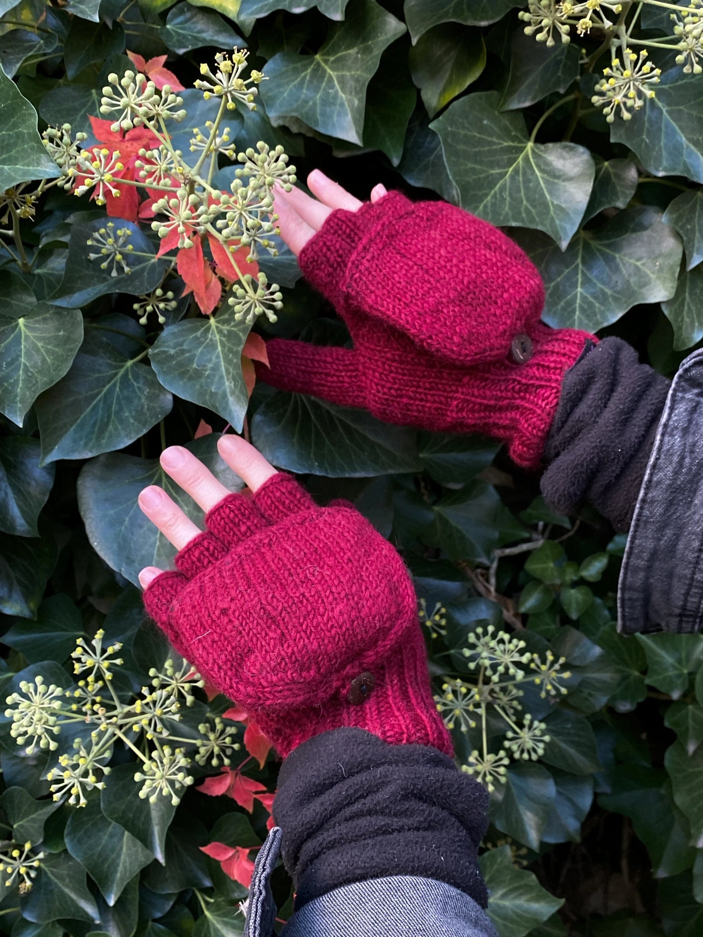 Halbfinger Handschuhe mit Klappe Fäustlinge Schurwolle Dunkelrot - HETAUDA 55