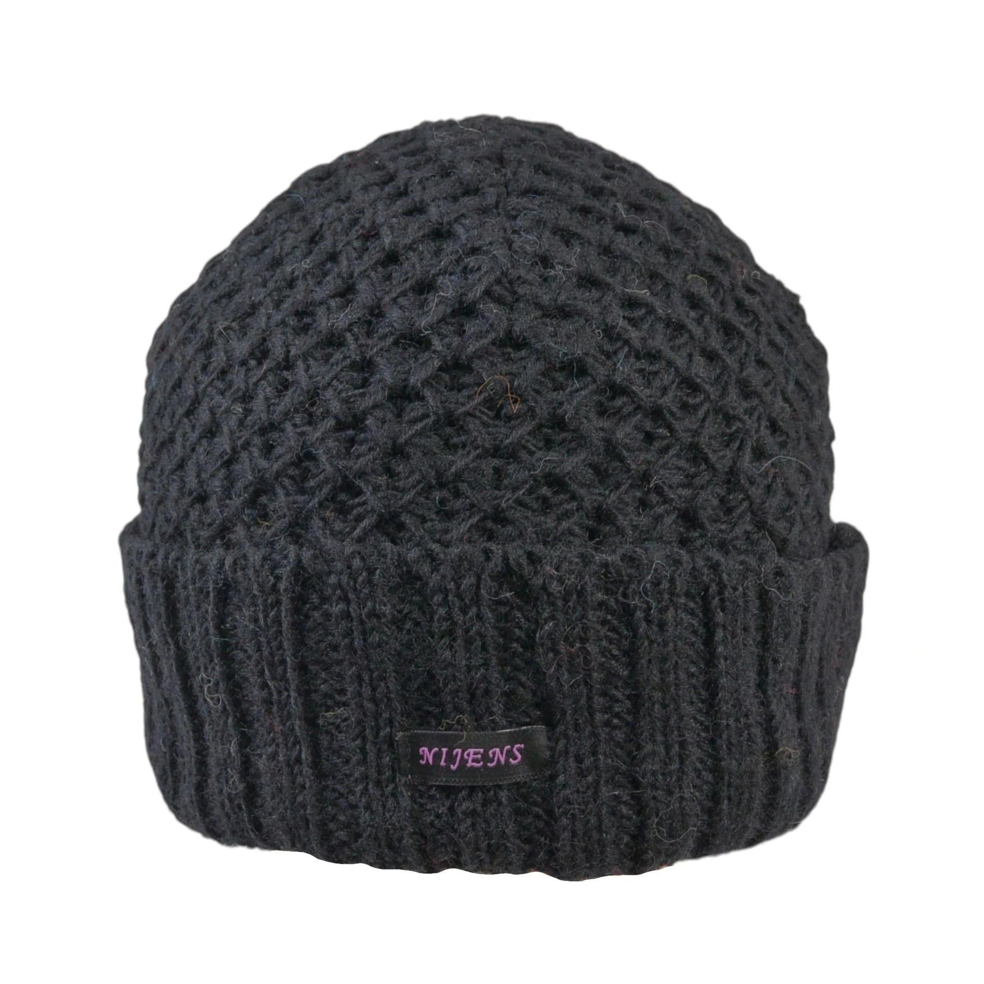 Kurze Beanie Mütze, Wollmütze aus Schurwolle, Webenmuster Strick Schwarz mit Breitem Mützenumschlag.