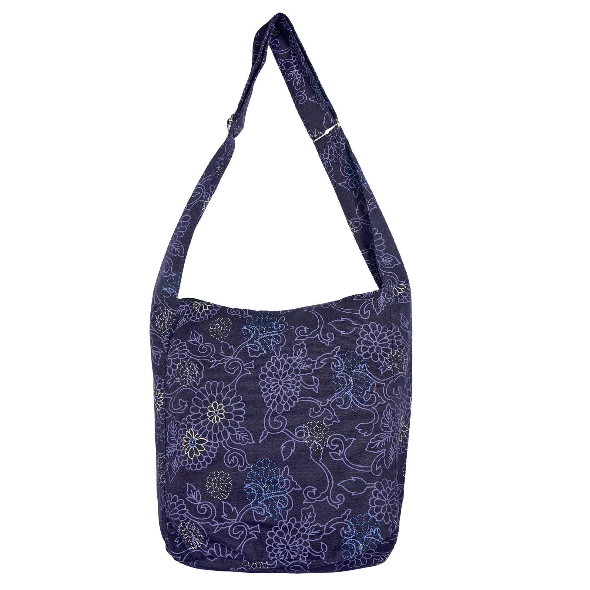 Violettfarbener Nijens Big Shopper aus Canvas mit mehrfarbigem Mandala-Muster und verstellbarem Schultergurt, Rückansicht.