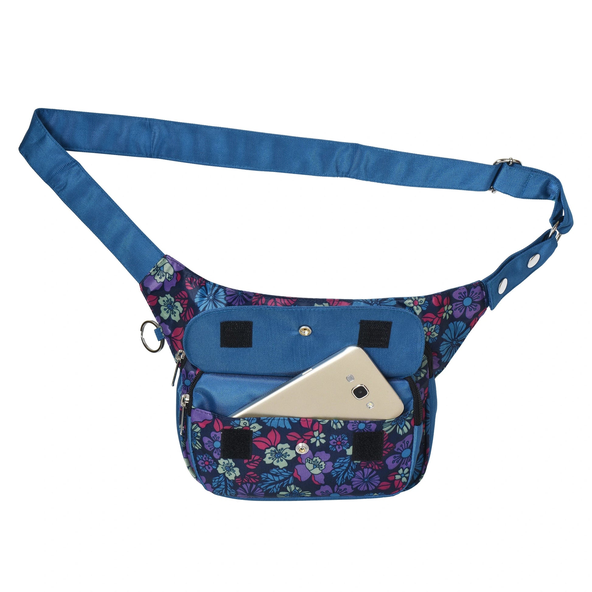 Nijens Gassitasche in Blau mit Blumenmuster und Handyfach, Vorderseite mit geöffneter Klappe und sichtbarem Smartphone. Nijens Shop