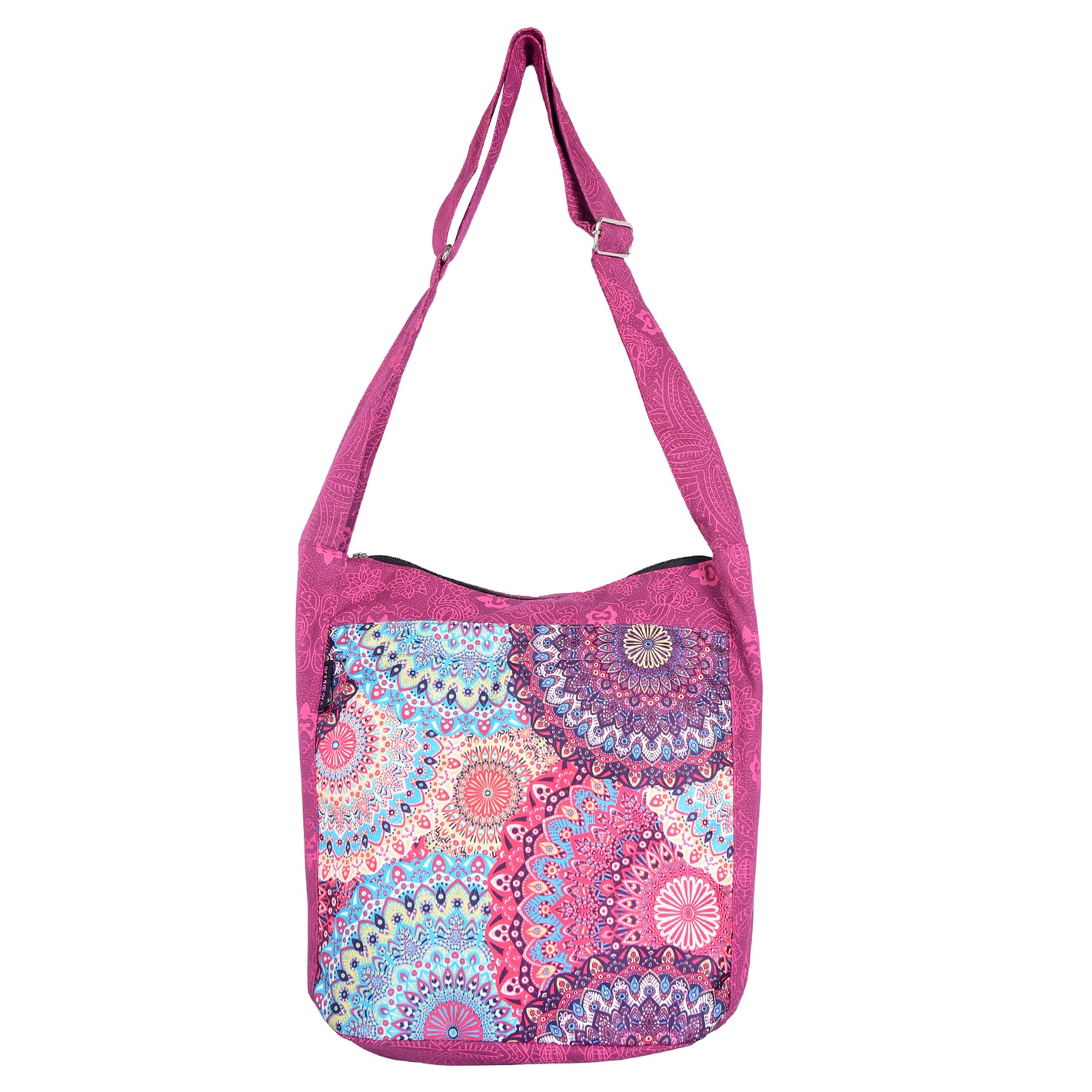 Nijens Shopper aus Canvas mit mehrfarbigem Mandala-Muster in Rosa-Türkis und verstellbarem Schultergurt, Vorderansicht.