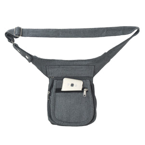 Bauchtasche Hüfttasche Stoff Baumwolle in Grau mit aufgesetztes Reißverschlussfach vorne.