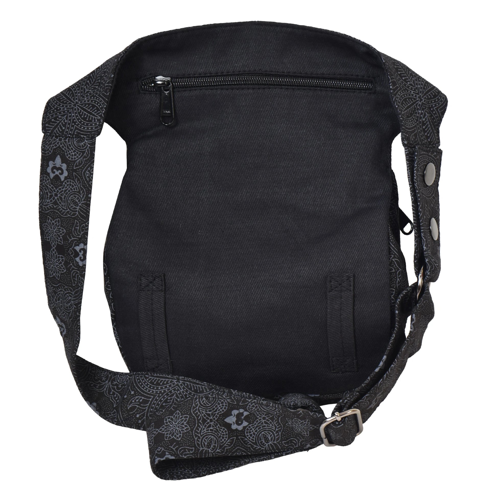 Gürteltasche Schwarz mit Palmen Motiv. Diese Tasche verfügt über ein hinteres Reißverschlussfach und zwei Gürtelschlaufen zur Befestigung eines Beingurtes.