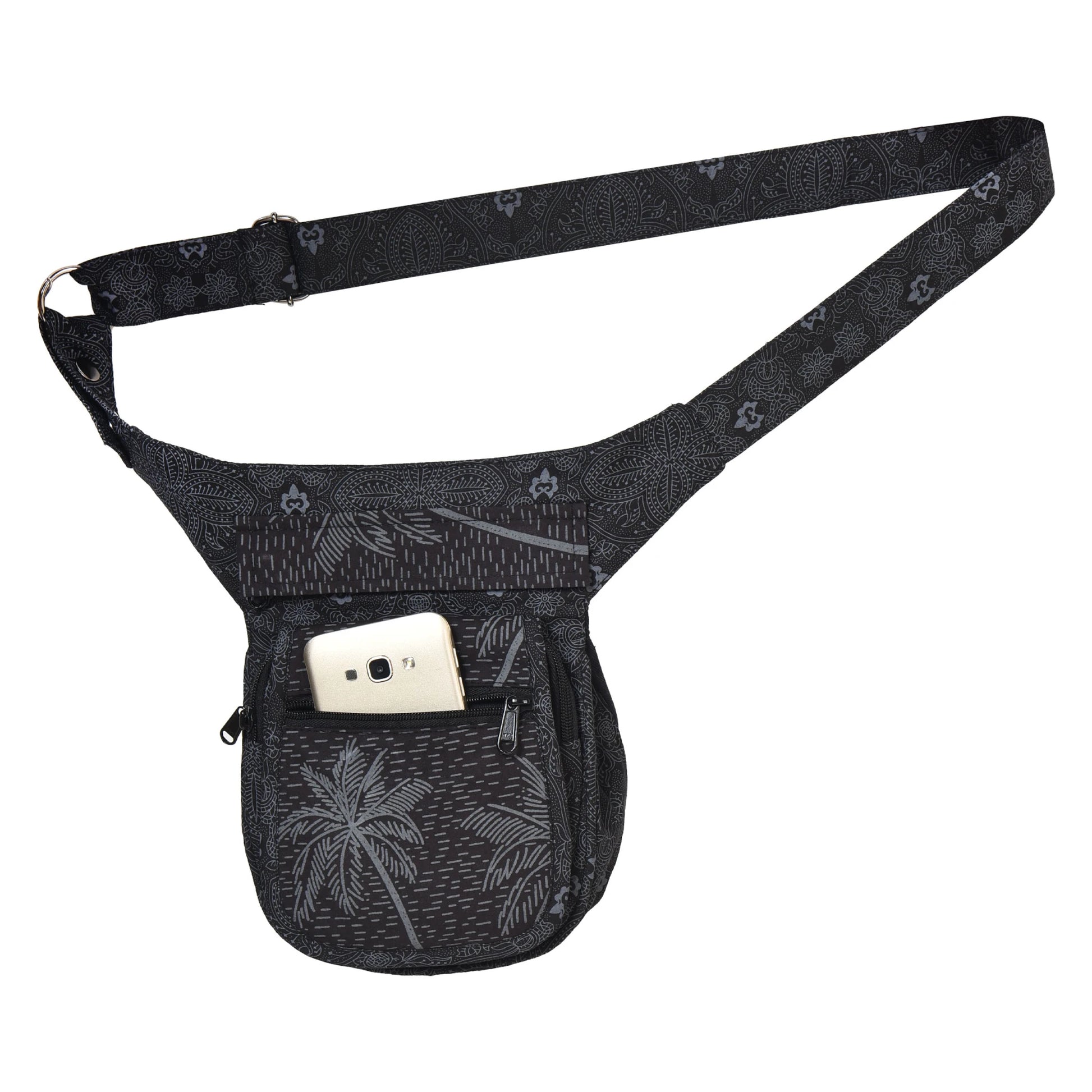 Gürteltasche Schwarz mit Palmen Motiv. Der Gürtel ist größenverstellbar dadurch ist diese Tasche auch als Umhängetasche geeignet.