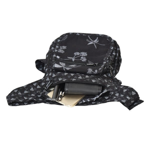 Schwarze Gürteltasche mit Lilien Motiv.  Sie verfügt über ein großes Hauptfach und zwei kleineren Vorderfächern.