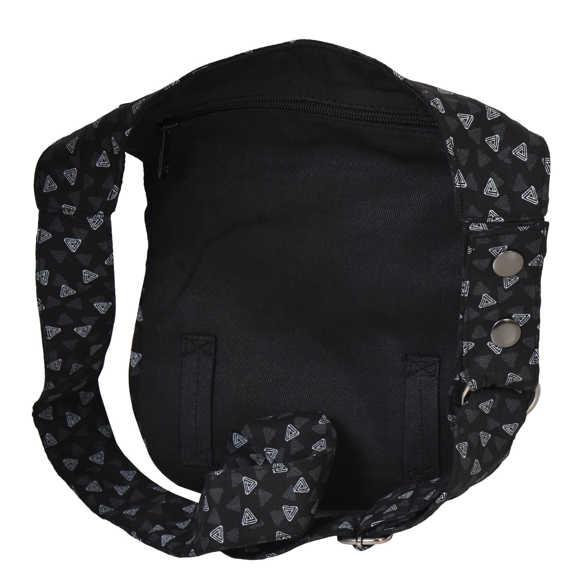 Schwarze Gürteltasche mit Lilien Motiv. Diese Tasche verfügt über ein hinteres Reißverschlussfach und zwei Gürtelschlaufen zur Befestigung eines Beingurtes.