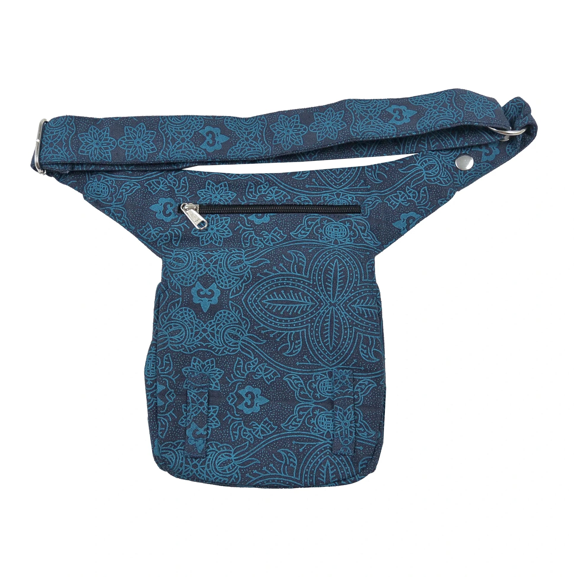Bauchtasche Hüfttasche Stoff Baumwolle in Dunkelblau mit Ornamenten und Blumenmuster Mix mit Reißverschlussfach auf der hinteren Seite.